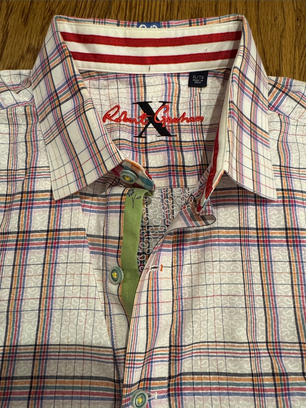 Robert Graham White Plaid Button-Down Shirt with Red & Blue Accents